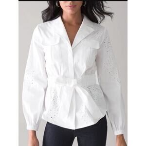 White House Black Market Tie-Waist Embroidered Poplin Shirt White XS NWOT